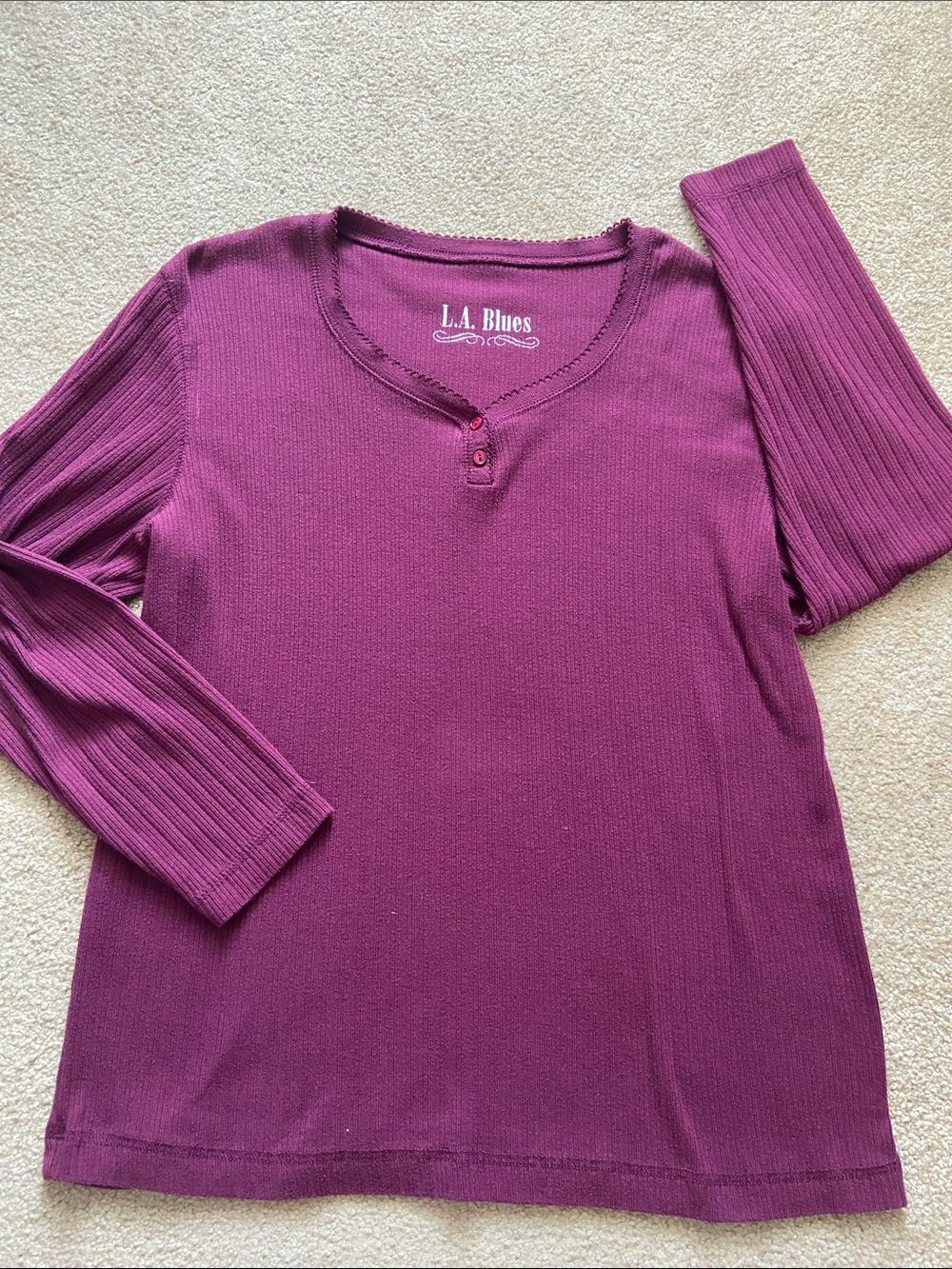 L.A. Blues Long Sleeve Ribbed Henley Top - Plum Berry